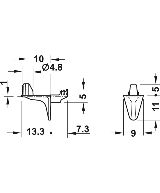 Legplankdrager met extra stift voor plank fixatie - 5mm - per stuk