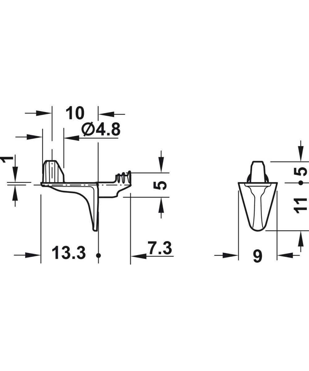 Legplankdrager met extra stift voor plank fixatie - 5mm - per stuk