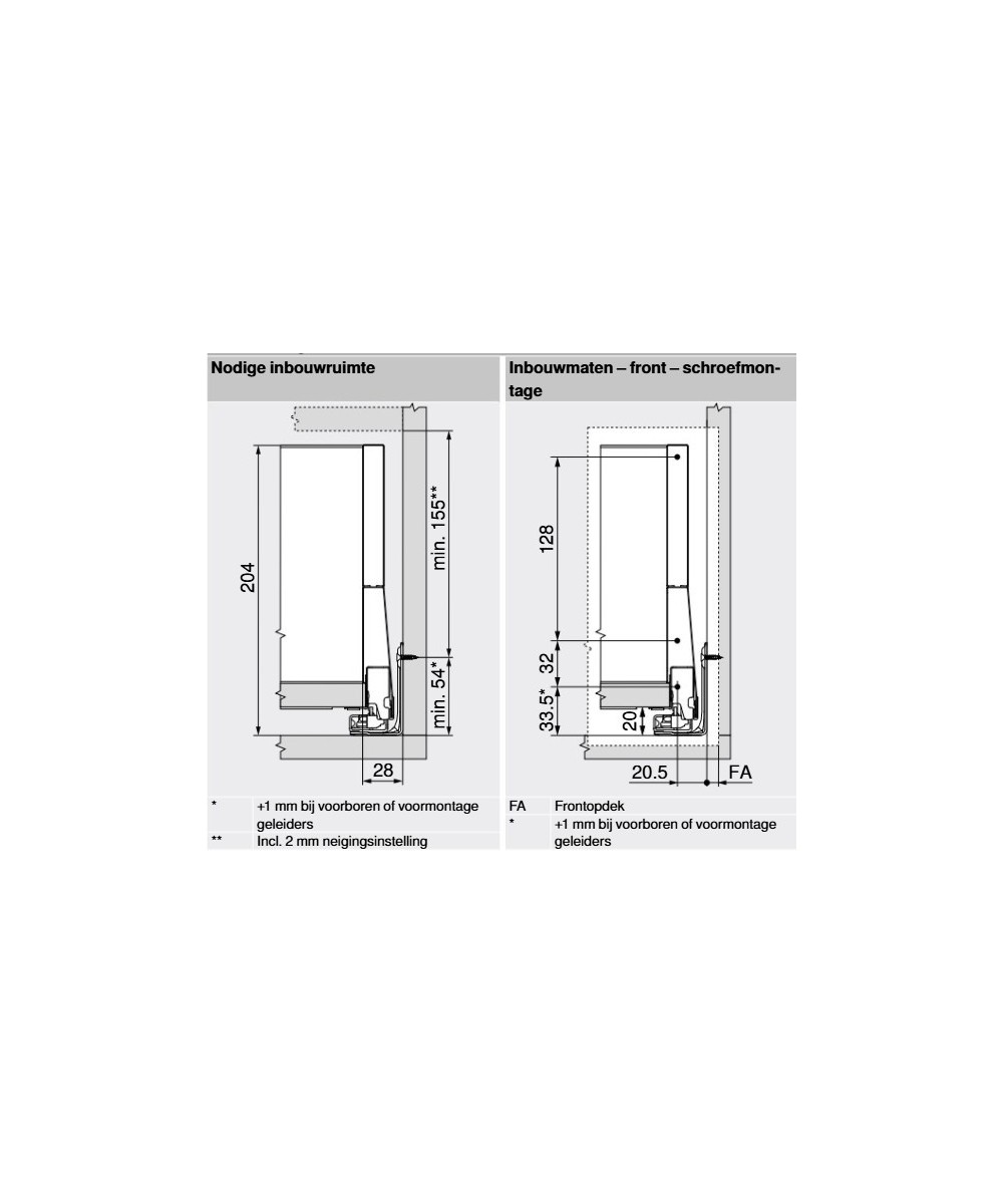 Blum Merivobox 209mm - Type E - met hoge zijwand
