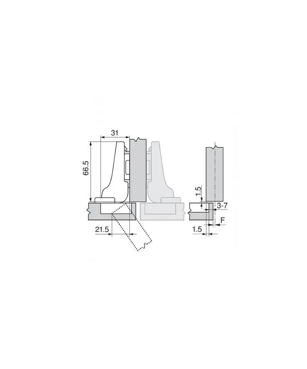 Technische tekening Blum half voorliggend scharnier